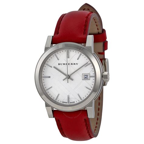 Burberry White Silver Dial Red Leather Ladies Watch BU9129